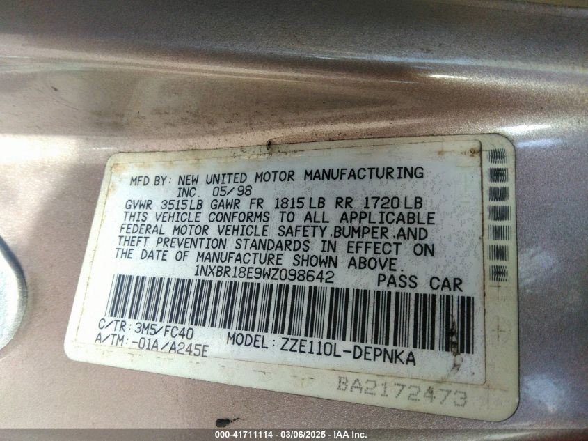 1998 Toyota Corolla Le VIN: 1NXBR18E9WZ098642 Lot: 41711114