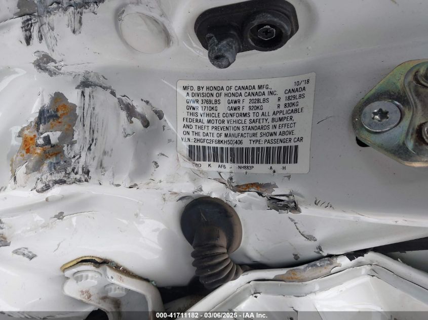 2019 Honda Civic Lx VIN: 2HGFC2F68KH505406 Lot: 41711182
