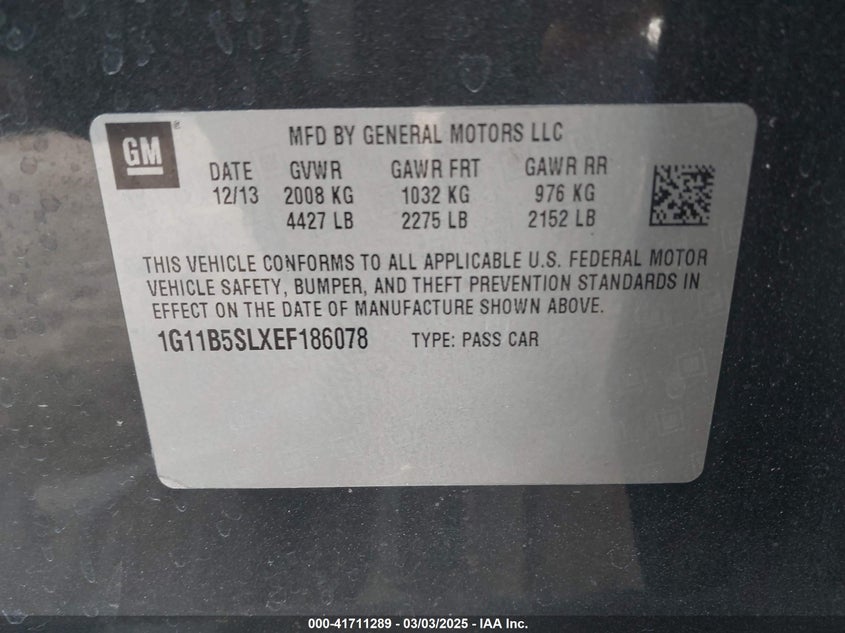 2014 Chevrolet Malibu 1Ls VIN: 1G11B5SLXEF186078 Lot: 41711289