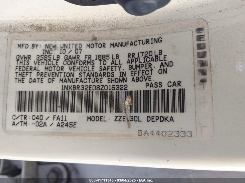 2008 TOYOTA COROLLA VIN: 1NXBR32E08Z016322