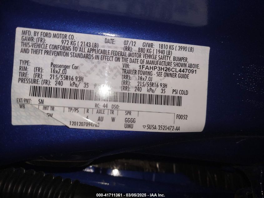 2012 Ford Focus Sel VIN: 1FAHP3H26CL447091 Lot: 41711361