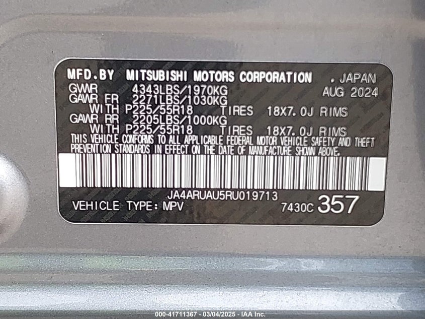 2024 Mitsubishi Outlander Sport 2.0 Es Awc/2.0 Ralliart Awc/2.0 S Awc/Es/Le/Ralliart/S/Se/Trail Edition VIN: JA4ARUAU5RU019713 Lot: 41711367