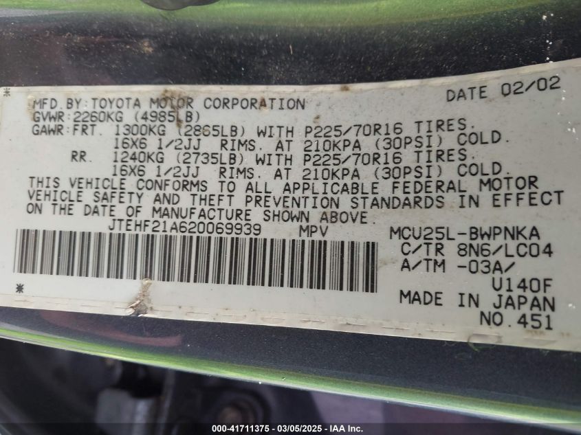 2002 Toyota Highlander Limited V6 VIN: JTEHF21A520069939 Lot: 41711375