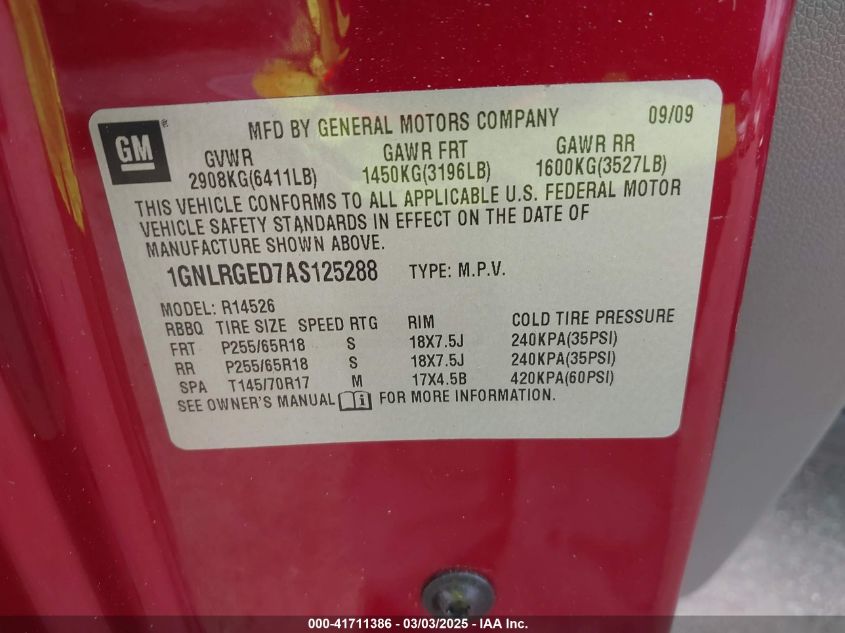 2010 Chevrolet Traverse Lt VIN: 1GNLRGED7AS125288 Lot: 41711386