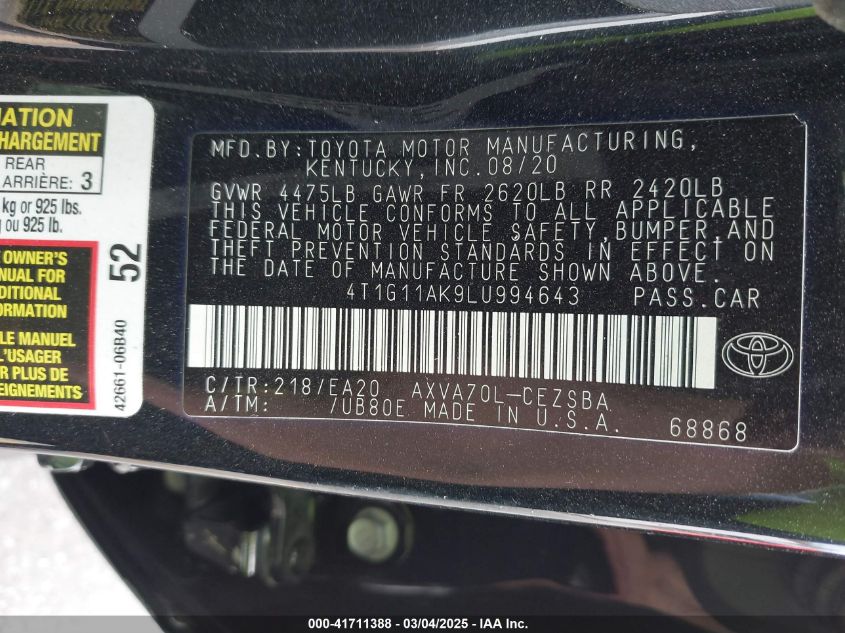 2020 Toyota Camry Se VIN: 4T1G11AK9LU994643 Lot: 41711388