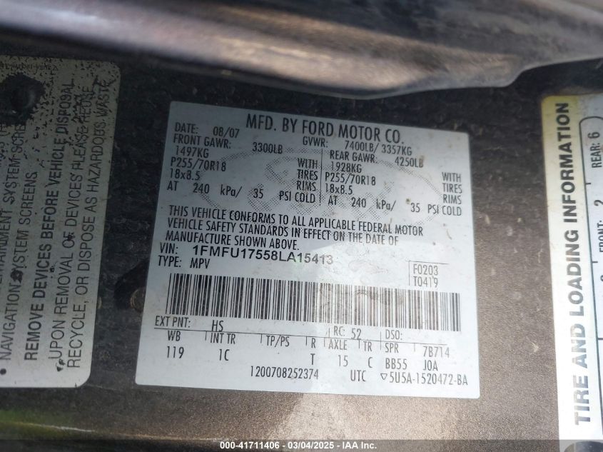 2008 Ford Expedition Eddie Bauer/King Ranch VIN: 1FMFU17558LA15413 Lot: 41711406