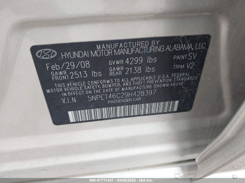 2009 Hyundai Sonata Gls VIN: 5NPET46C29H428397 Lot: 41711437