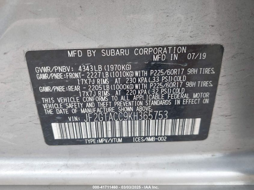 2019 Subaru Crosstrek 2.0I Premium VIN: JF2GTACC9KH365753 Lot: 41711460