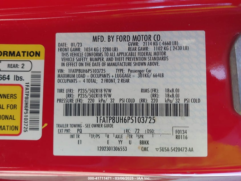 2023 FORD MUSTANG VIN: 1FATP8UH6P5103725