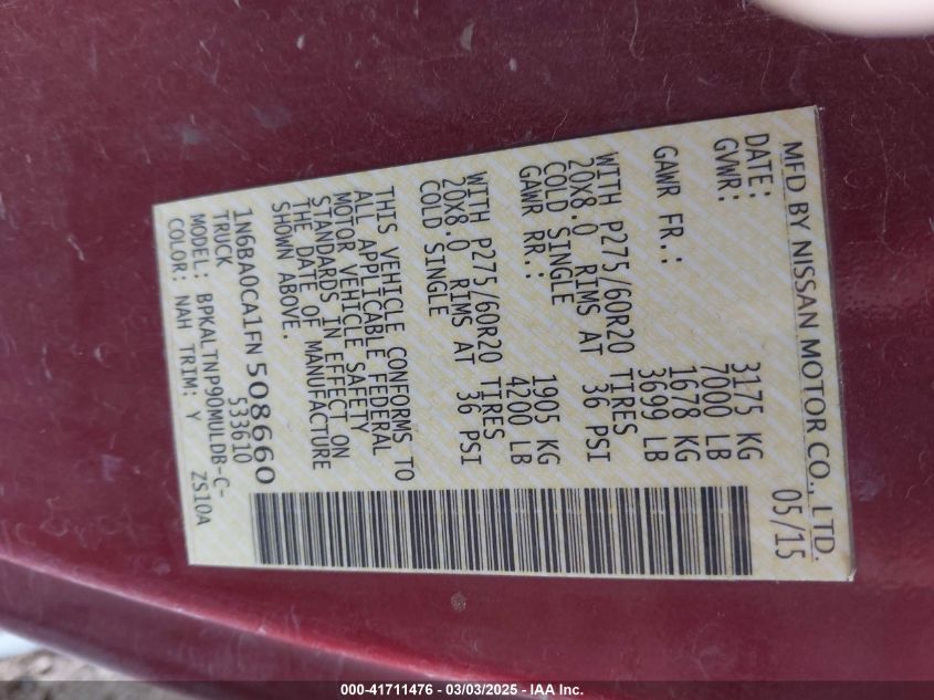 2015 NISSAN TITAN SV - 1N6BA0CA1FN508660