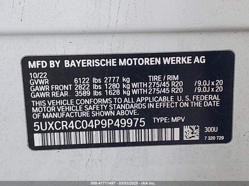 2023 BMW X5 Sdrive40I VIN: 5UXCR4C04P9P49975 Lot: 41711497