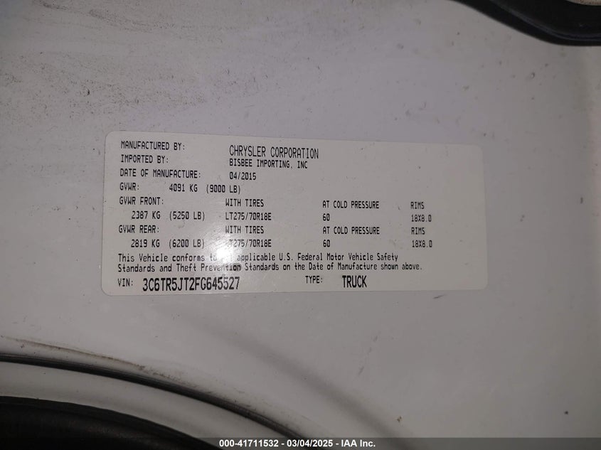 2015 RAM 2500 VIN: 3C6TR5JT2FG645527