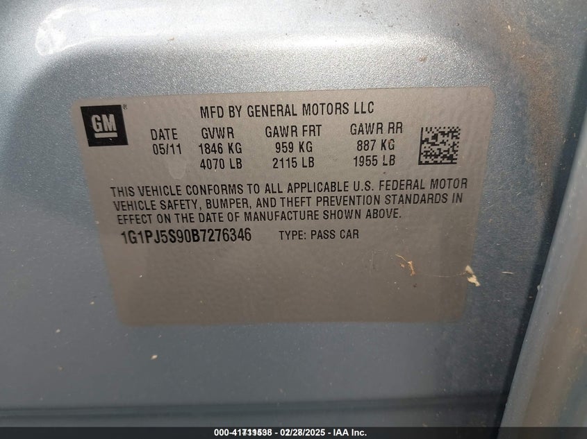 2011 CHEVROLET CRUZE VIN: 1G1PJ5S90B7276346