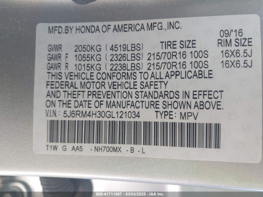 2016 Honda Cr-V Lx VIN: 5J6RM4H30GL121034 Lot: 41711567