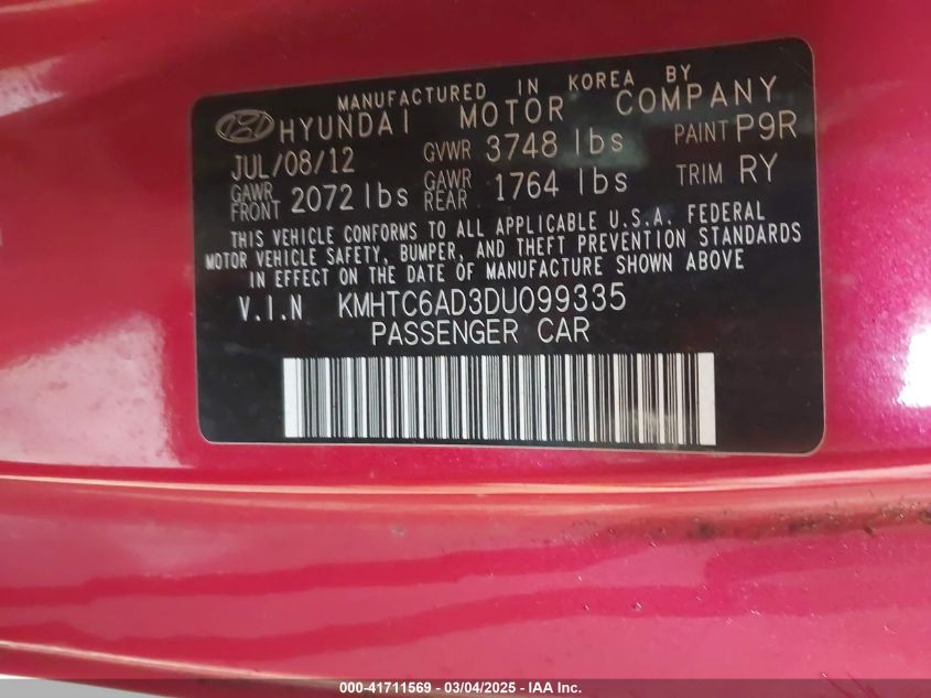 2013 Hyundai Veloster Base W/Black VIN: KMHTC6AD3DU099335 Lot: 41711569