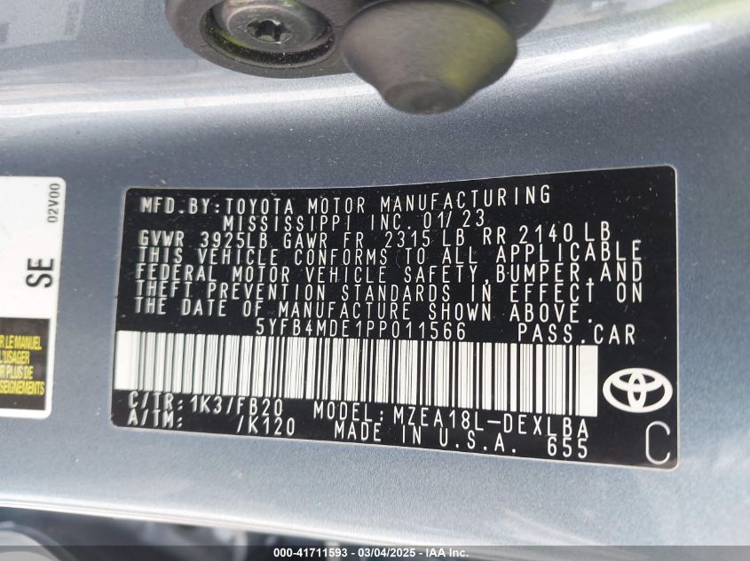 2023 Toyota Corolla Le VIN: 5YFB4MDE1PP011566 Lot: 41711593