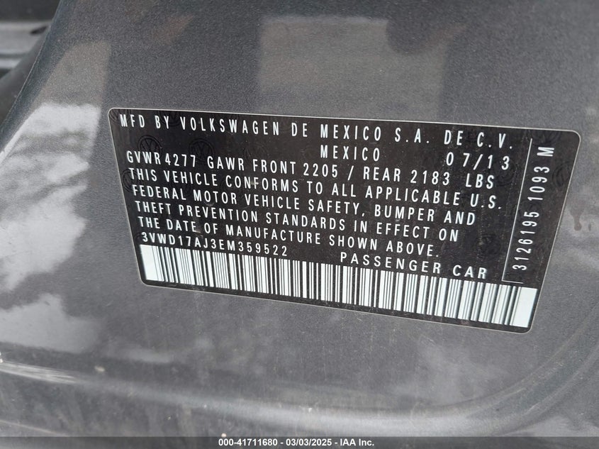 2014 VOLKSWAGEN JETTA VIN: 3VWD17AJ3EM359522