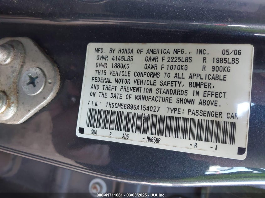 2006 HONDA ACCORD VIN: 1HGCM56896A154027