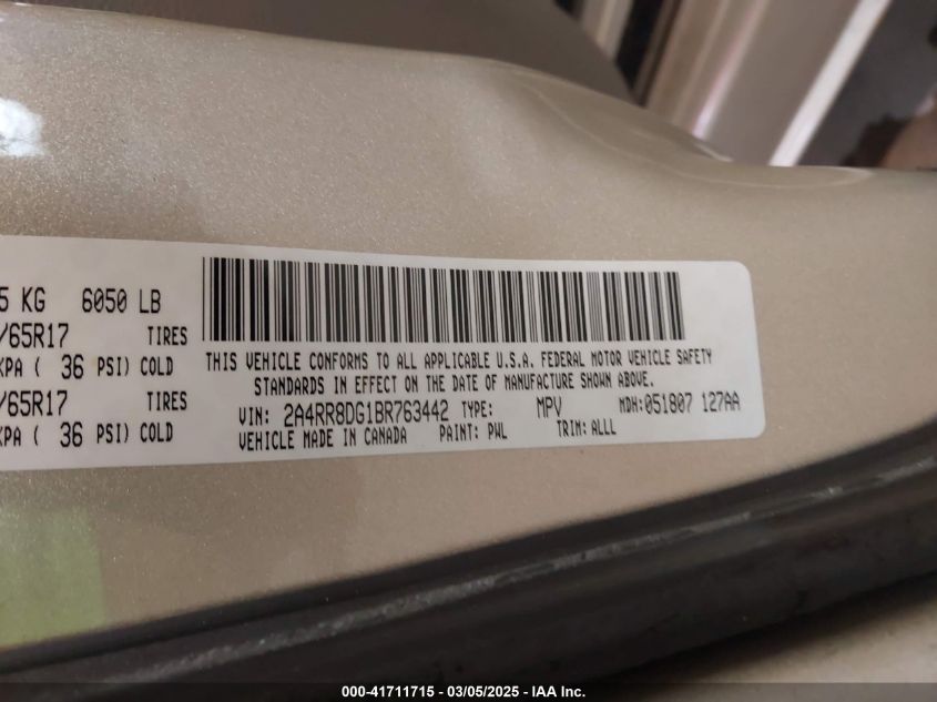 2011 Chrysler Town & Country Touring-L VIN: 2A4RR8DG1BR763442 Lot: 41711715