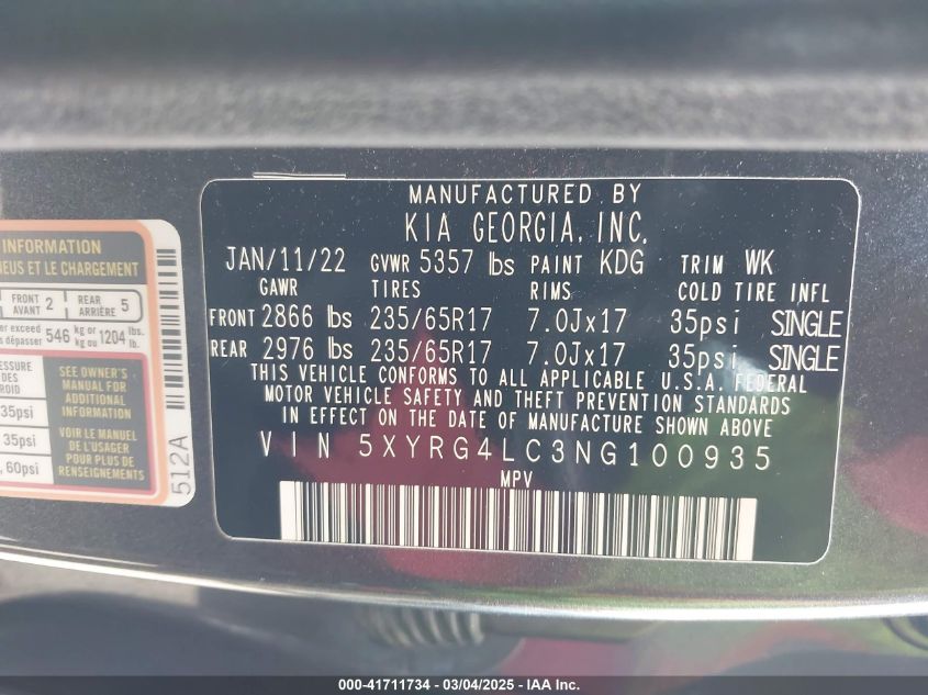2022 Kia Sorento Lx VIN: 5XYRG4LC3NG100935 Lot: 41711734
