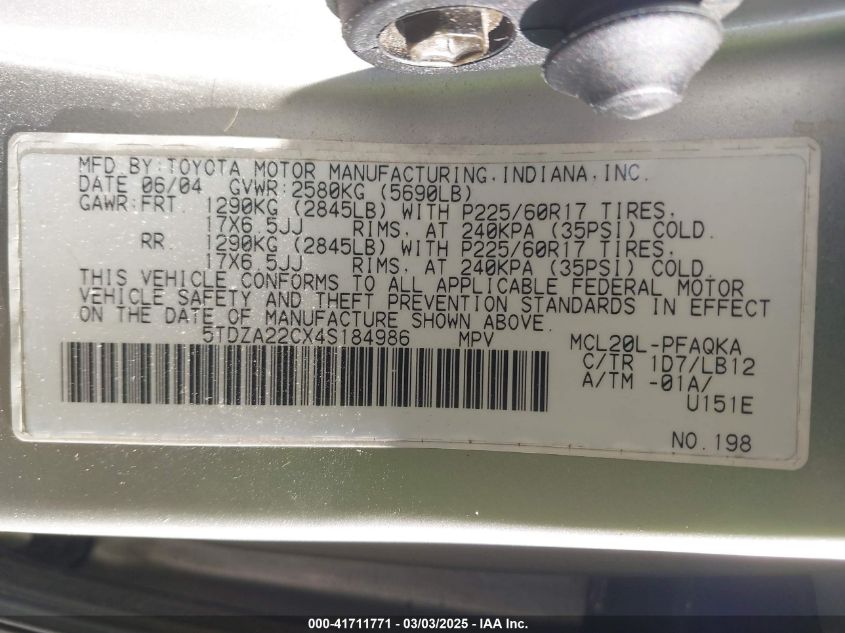 2004 Toyota Sienna Xle Limited VIN: 5TDZA22CX4S184986 Lot: 41711771
