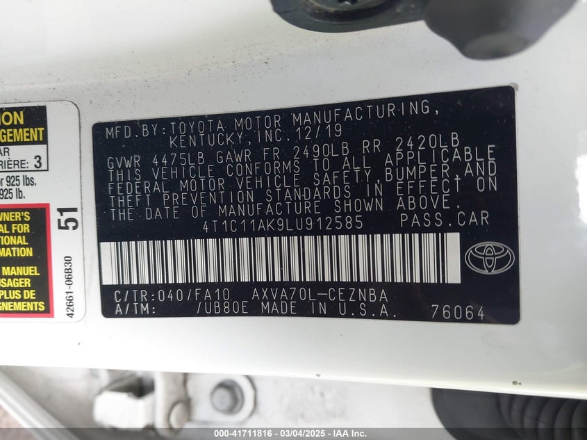 2020 TOYOTA CAMRY VIN: 4T1C11AK9LU912585