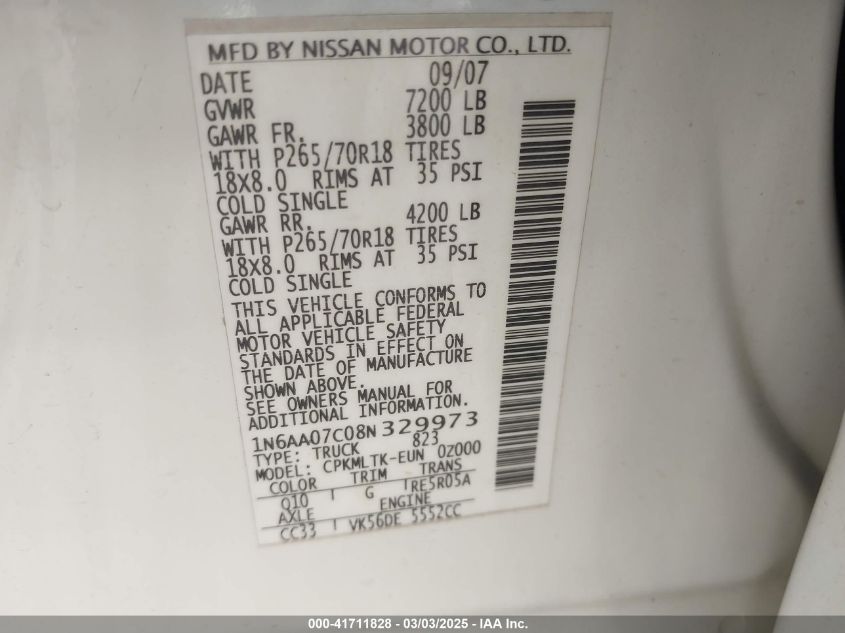 2008 Nissan Titan Se VIN: 1N6AA07C08N329973 Lot: 41711828