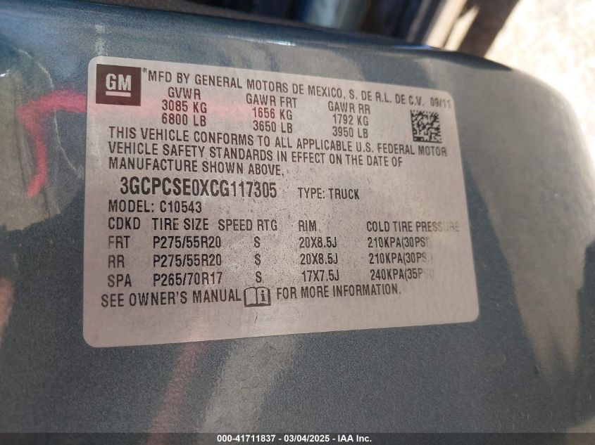 2012 Chevrolet Silverado 1500 Lt VIN: 3GCPCSE0XCG117305 Lot: 41711837