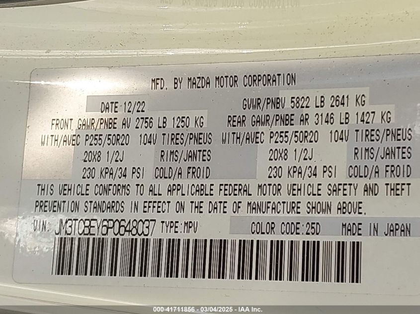 2023 Mazda Cx-9 Signature VIN: JM3TCBEY6P0648037 Lot: 41711856