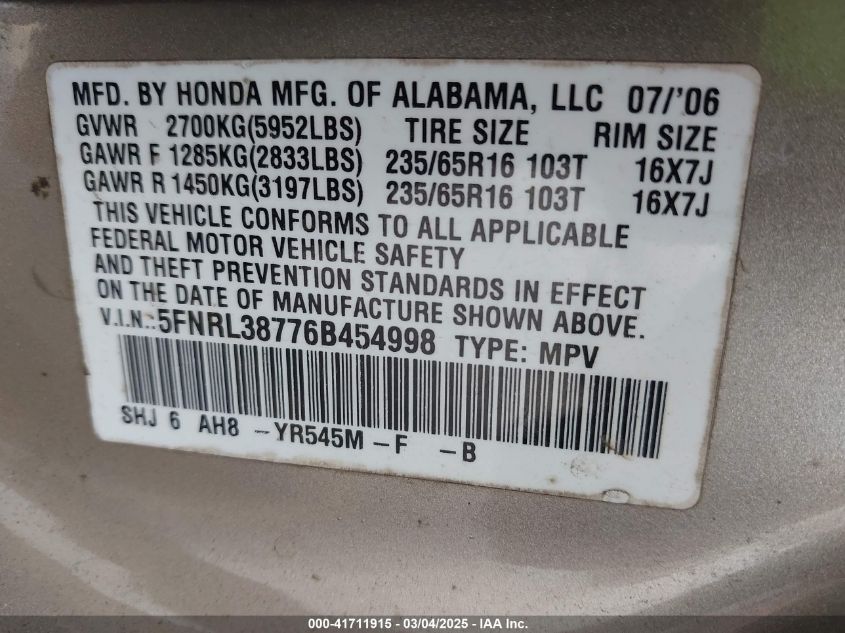 2006 Honda Odyssey Ex-L VIN: 5FNRL38776B454998 Lot: 41711915