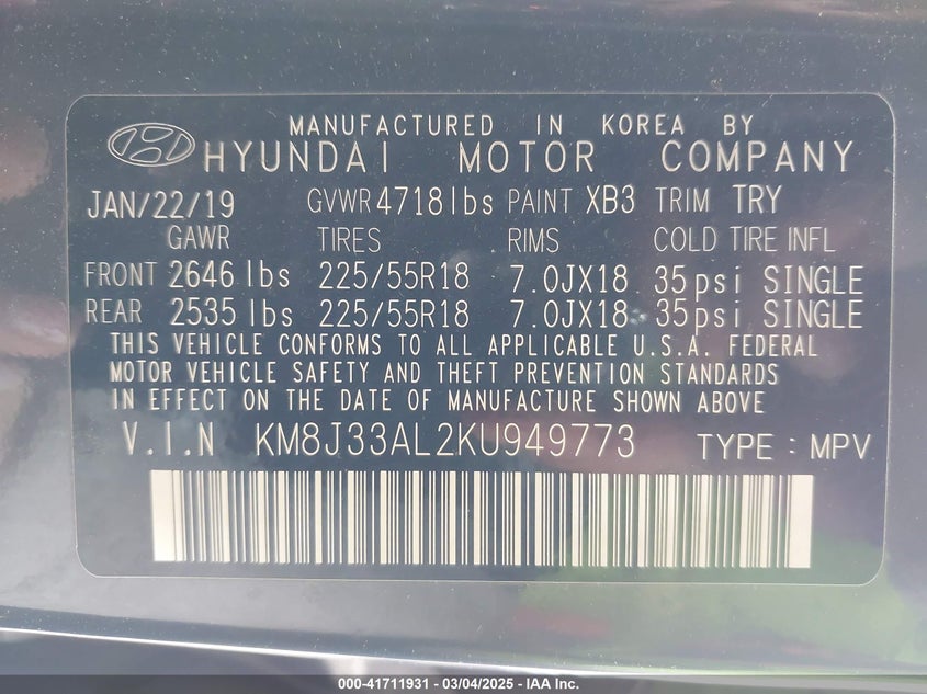 2019 HYUNDAI TUCSON SEL - KM8J33AL2KU949773