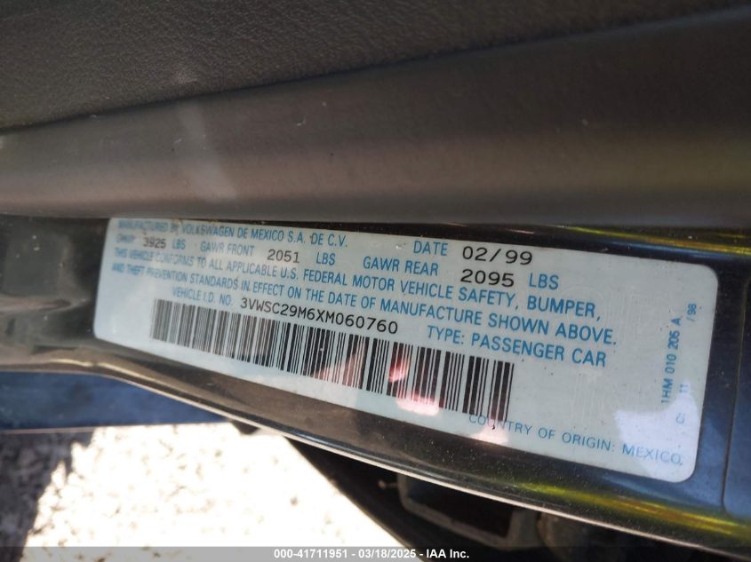 1999 Volkswagen Jetta Gls VIN: 3VWSC29M6XM060760 Lot: 41711951