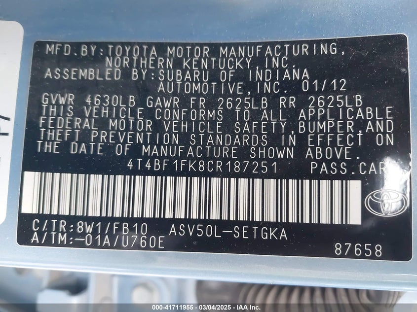 2012 TOYOTA CAMRY VIN: 4T4BF1FK8CR187251