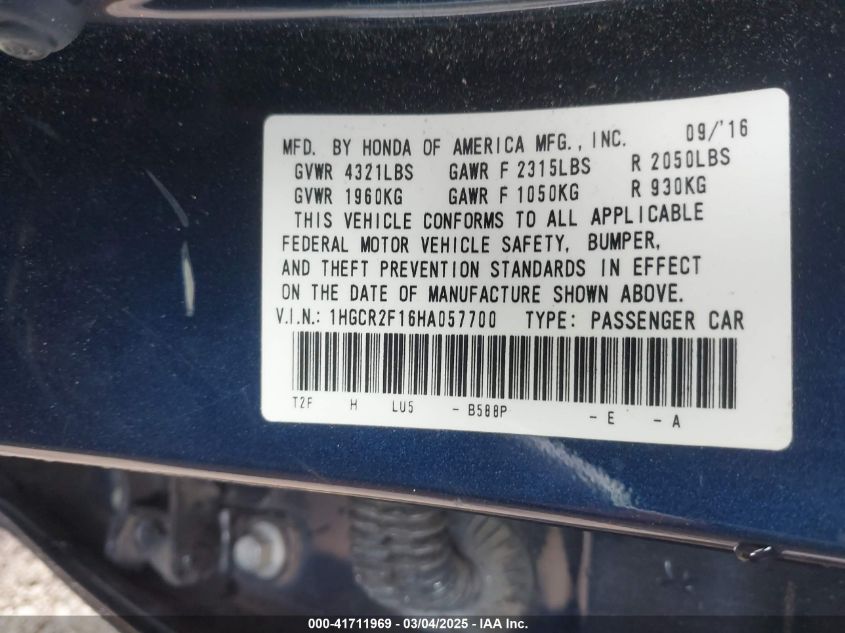 2017 Honda Accord Sport Se VIN: 1HGCR2F16HA057700 Lot: 41711969