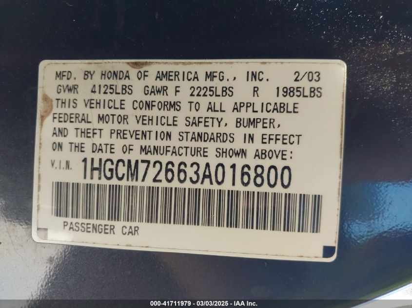 2003 Honda Accord 2.4 Ex VIN: 1HGCM72663A016800 Lot: 41711979