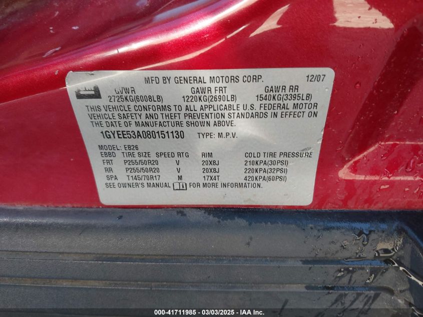 2008 Cadillac Srx V8 VIN: 1GYEE53A080151130 Lot: 41711985