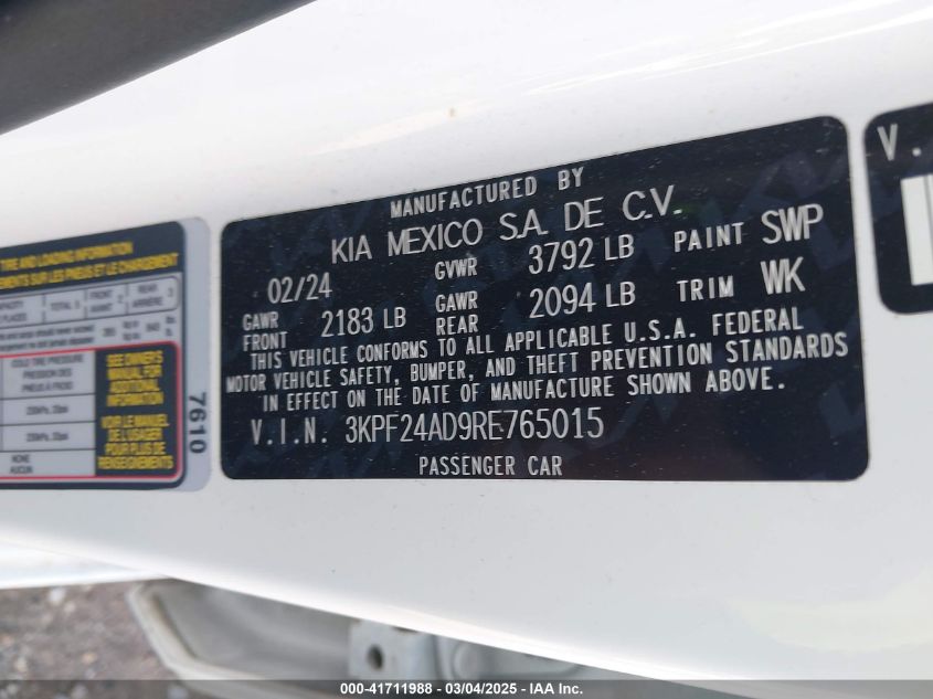 2024 Kia Forte Lxs VIN: 3KPF24AD9RE765015 Lot: 41711988