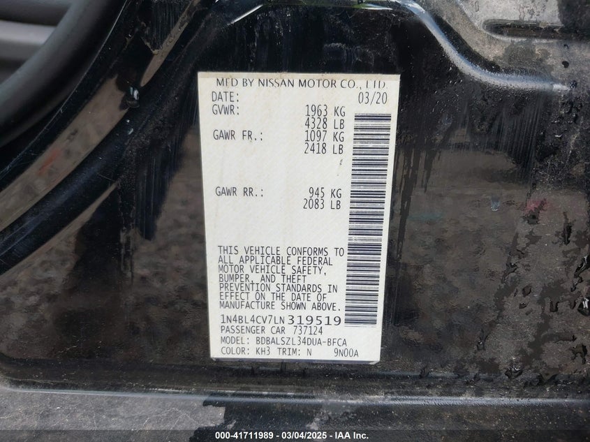 2020 NISSAN ALTIMA VIN: 1N4BL4CV7LN319519