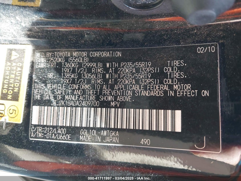 2010 LEXUS RX 350 VIN: JTJZK1BA0A2409700