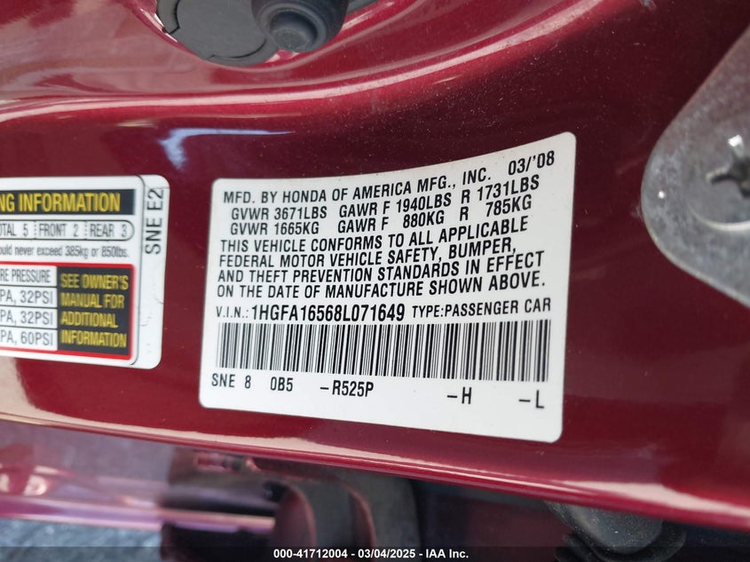 2008 HONDA CIVIC VIN: 1HGFA16568L071649