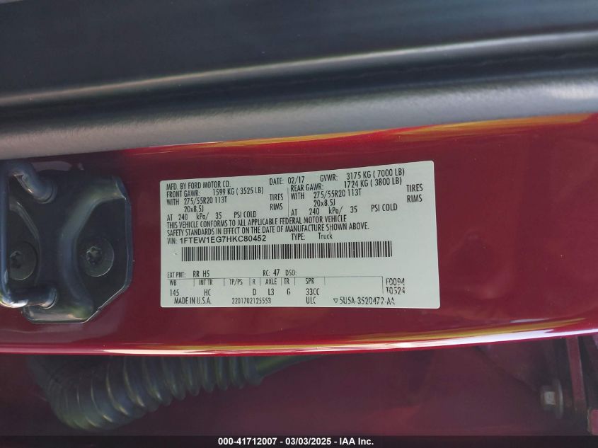 2017 Ford F-150 Lariat VIN: 1FTEW1EG7HKC80452 Lot: 41712007