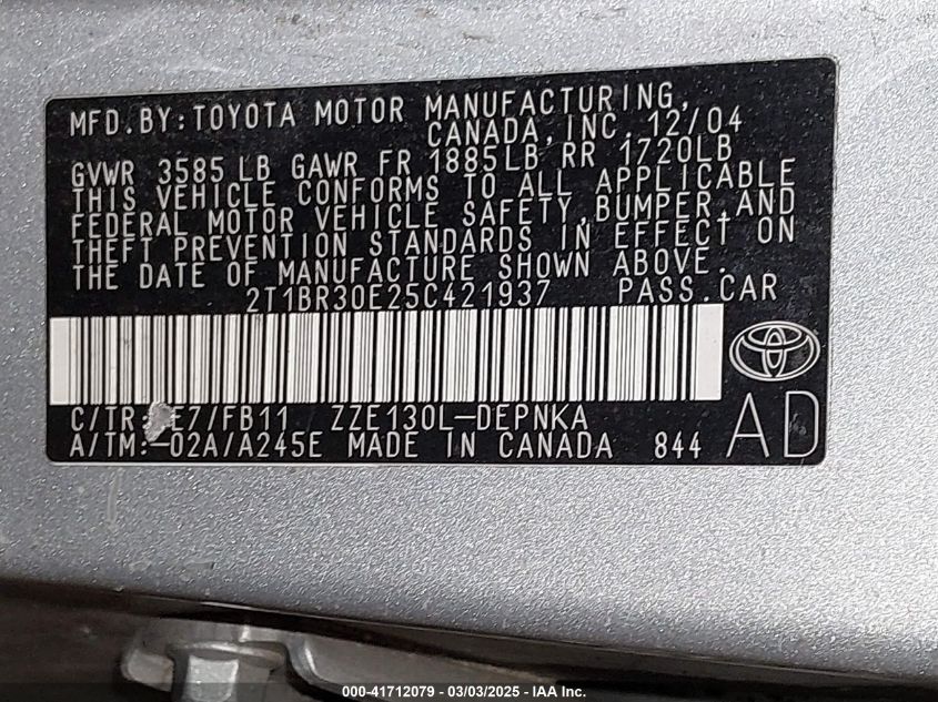 2005 Toyota Corolla Le VIN: 2T1BR30E25C421937 Lot: 41712079