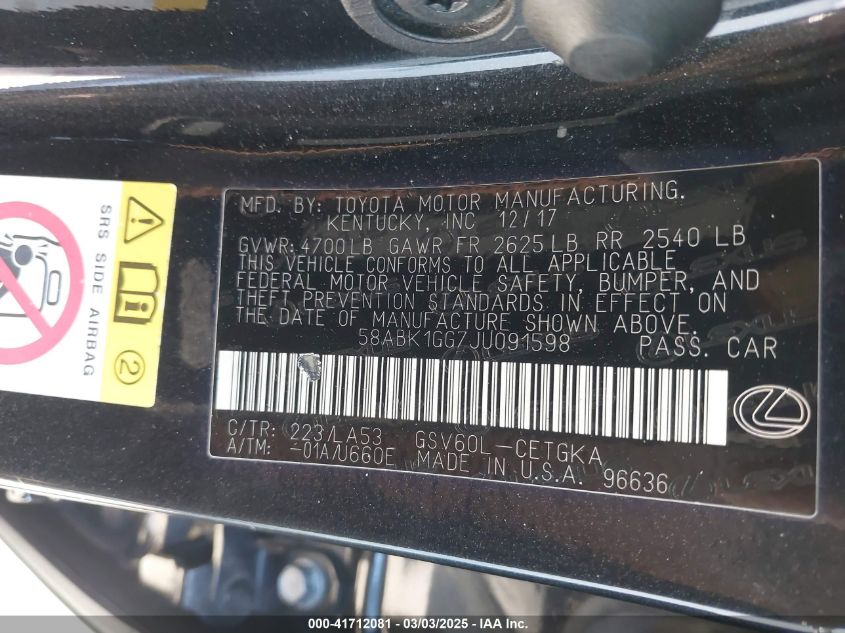 2018 Lexus Es 350 VIN: 58ABK1GG7JU091598 Lot: 41712081