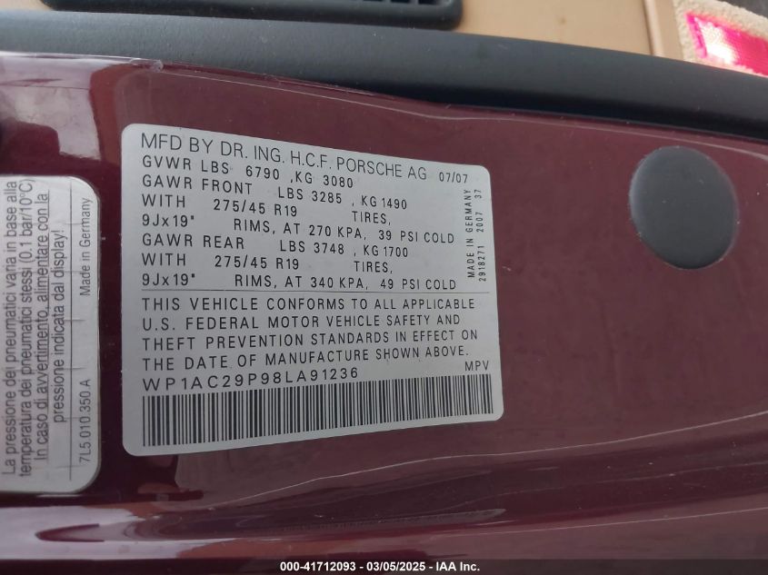 2008 Porsche Cayenne Turbo VIN: WP1AC29P98LA91236 Lot: 41712093