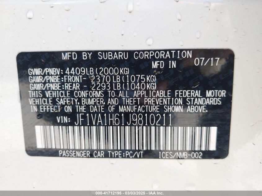 2018 Subaru Wrx Limited VIN: JF1VA1H61J9810211 Lot: 41712195