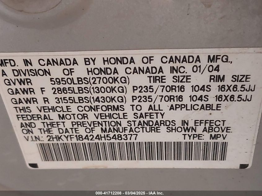 2004 Honda Pilot Ex VIN: 2HKYF18424H548377 Lot: 41712208