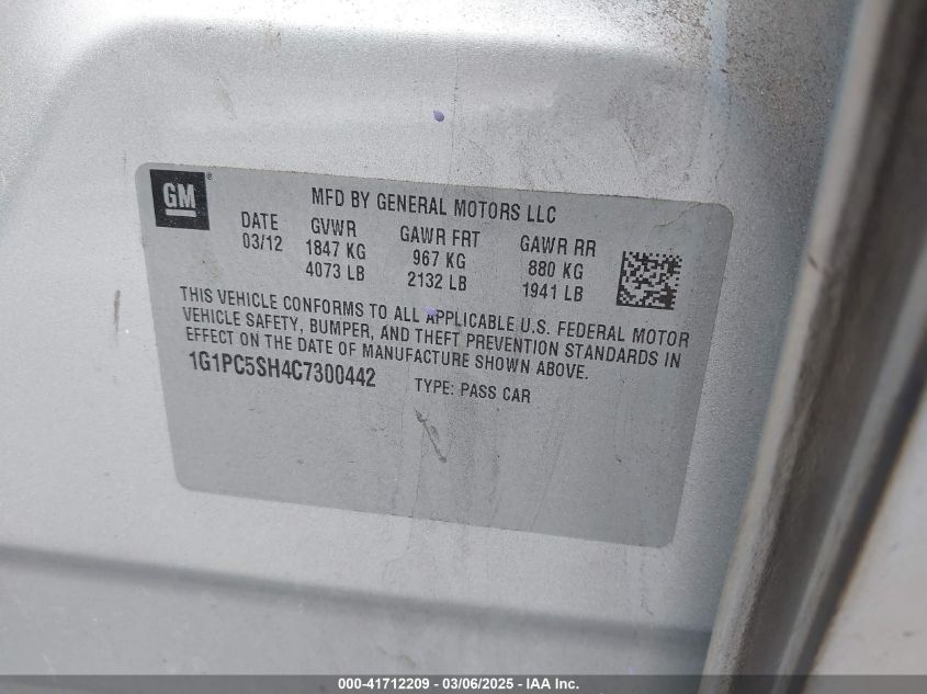 2012 Chevrolet Cruze Ls VIN: 1G1PC5SH4C7300442 Lot: 41712209
