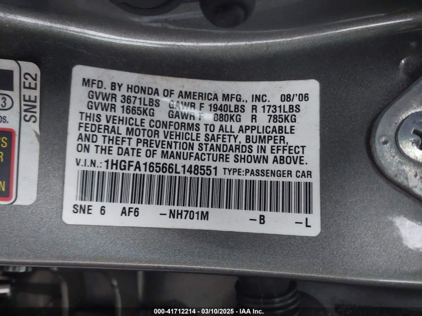 2006 Honda Civic Lx VIN: 1HGFA16566L148551 Lot: 41712214