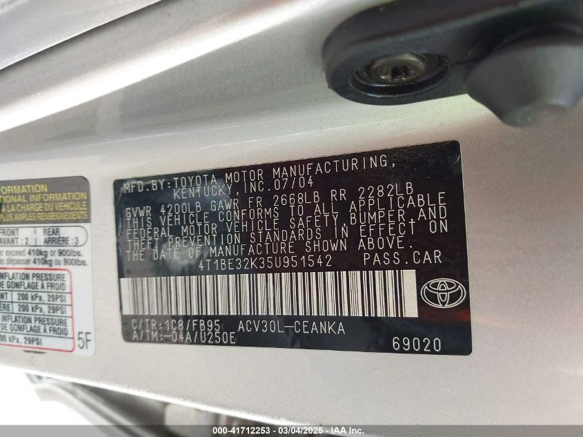 2005 Toyota Camry Le VIN: 4T1BE32K35U951542 Lot: 41712253