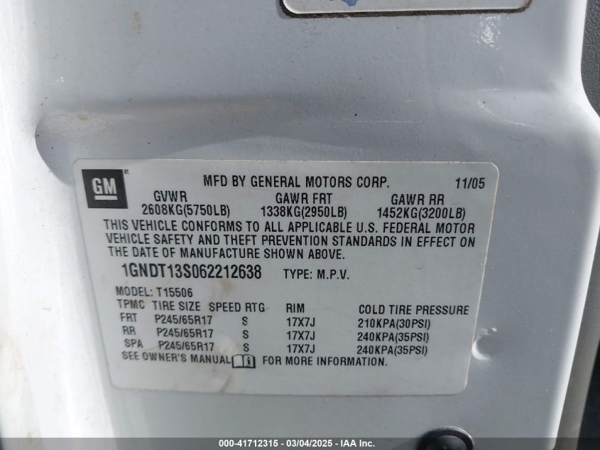 2006 Chevrolet Trailblazer Lt VIN: 1GNDT13S062212638 Lot: 41712315